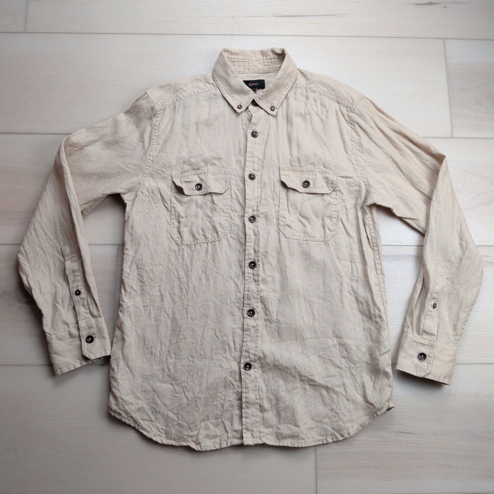 Quince Shirt Mens Medium 100% European Linen Utility Driftwood Beige